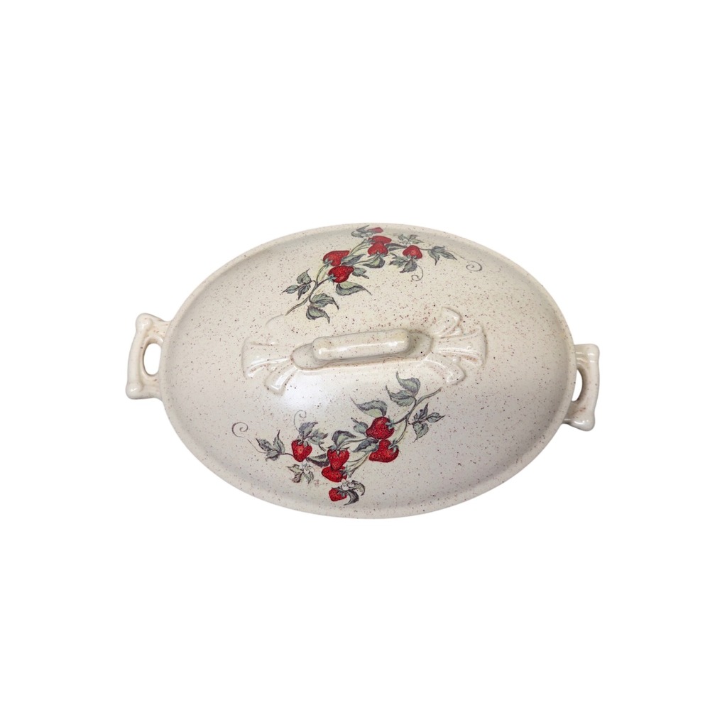 Vintage Speckled Ceramic Strawberry Soup Tureen with Lid Oval Serving Dish 14"